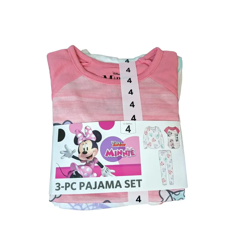 Disney Junior Minnie‎ Mouse Girls Pajama Set XS 4 Pink White Sleepwear 3 Piece